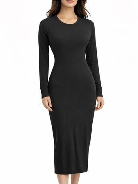 James Perse Black Long Sleeve Midi Dress Minimalist Stretch Knit Size 1